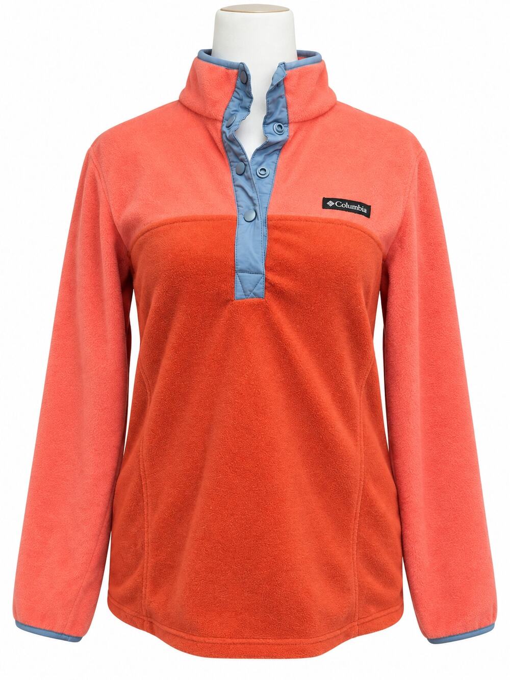 Columbia Women’s Large Two-Tone Snap Fleece Pullover Coral Rust Blue Outdoor